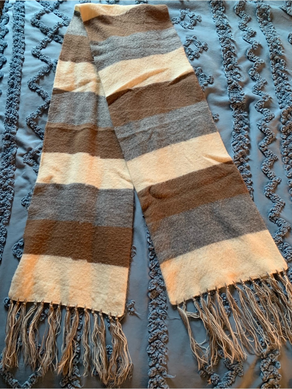 Vintage 70s Sears Striped Fringe Scarf in Brown, Gray & Cream